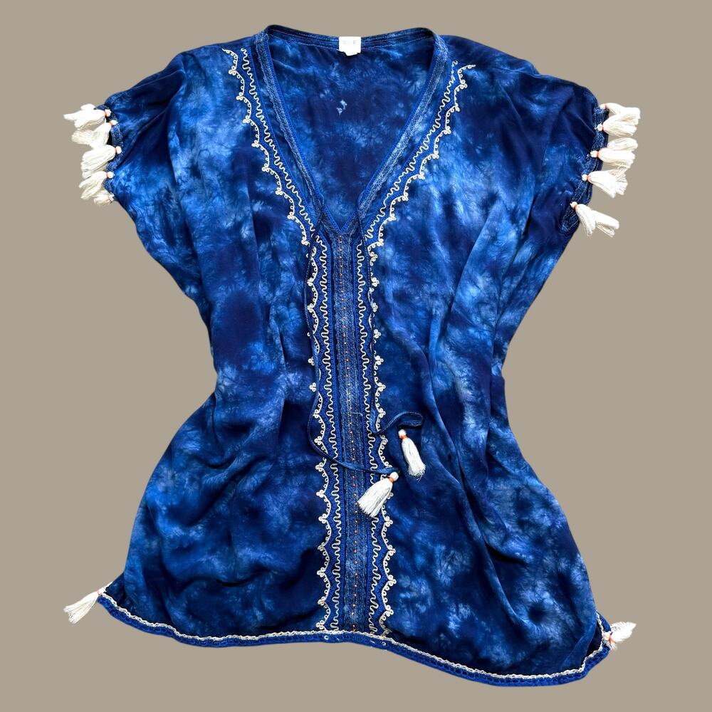 Surf Gypsy Blue Tie Dye Tassel Fringe Embroidered Swim Cover Up Small